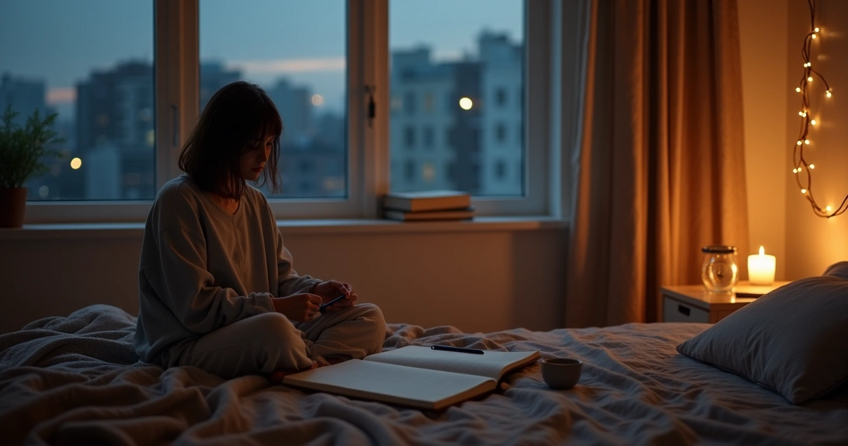 Pessoa sentada à noite perto da janela com caderno, vela acesa e luz suave 