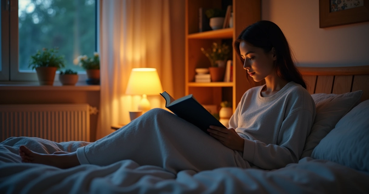 Pessoa lendo um livro em luz baixa na cama 
