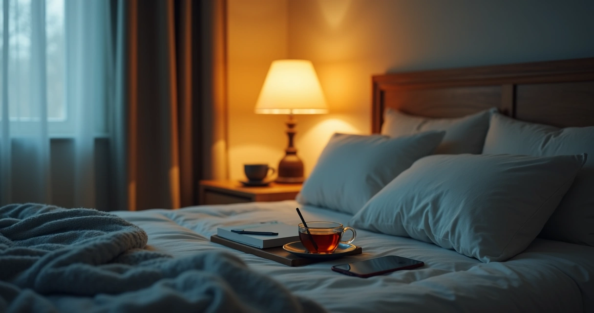 Quarto com luz suave, caderno e chá na mesa de cabeceira 