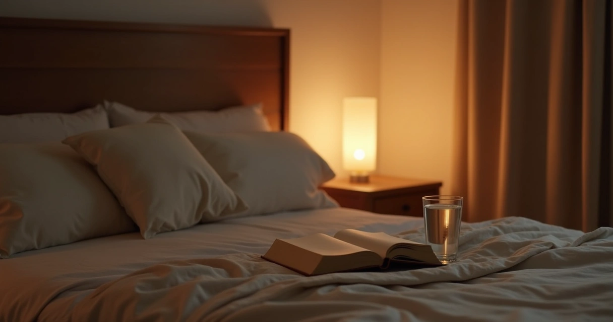 Quarto com luz suave e diário ao lado da cama