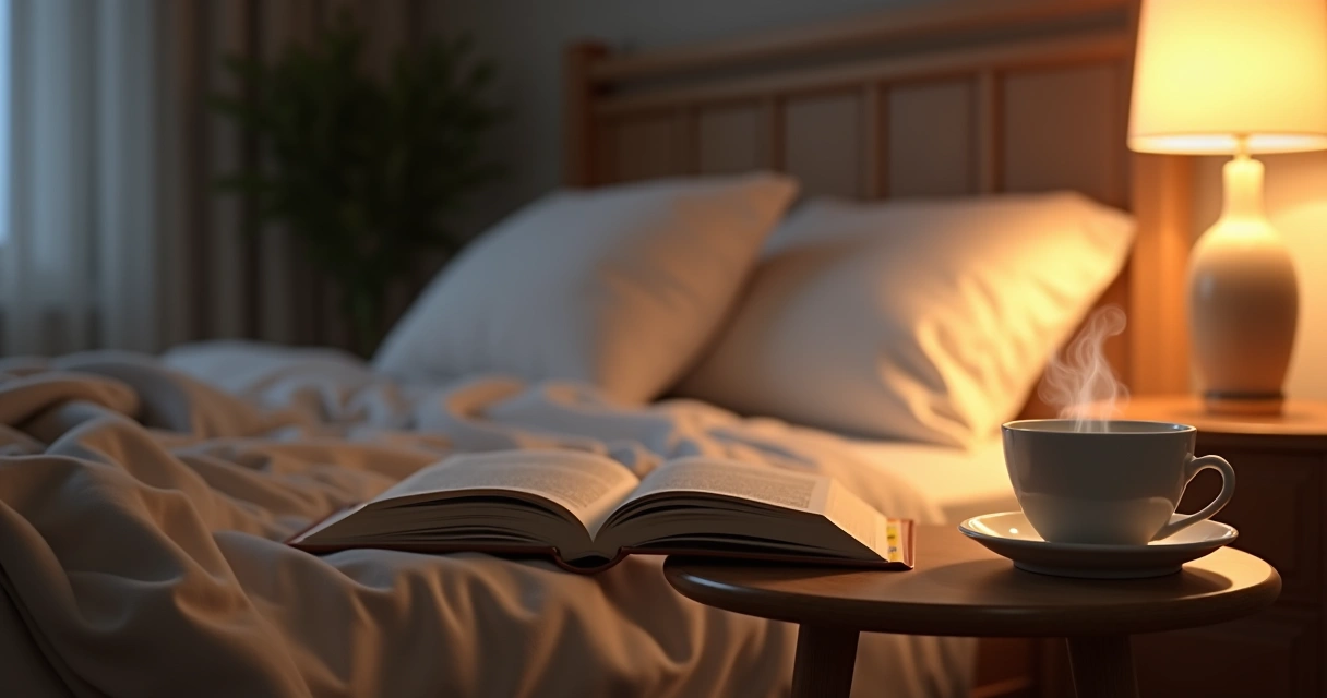 Luz suave de abajur próximo à cama com livro aberto e xícara
