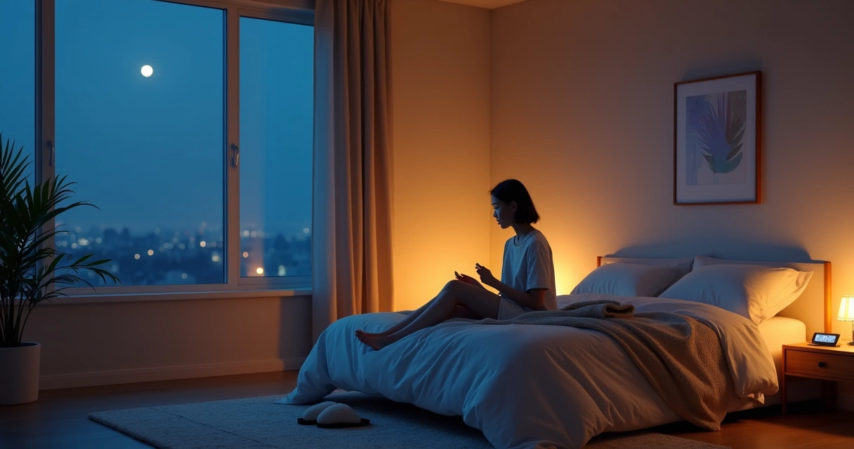 Quarto à noite com pessoa sentada na beira da cama em atmosfera calma 