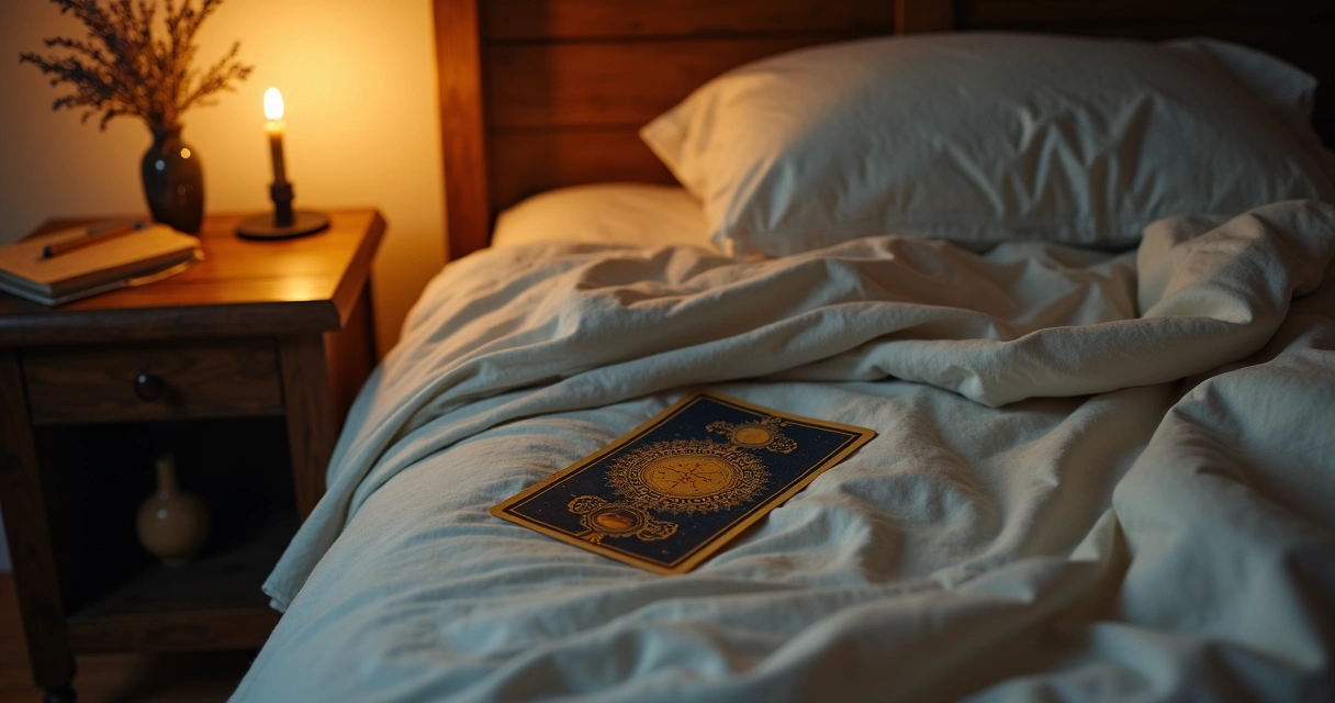 Carta do tarot em cima da cama com vela acesa ao lado 