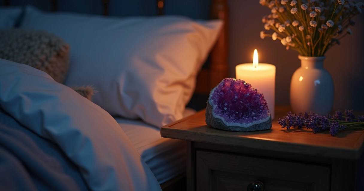 Vela acesa, cristal roxo ao lado e ambiente escuro 