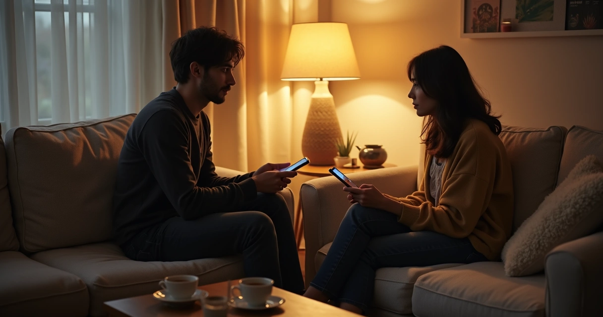 Casal conversando sem celular no sofá à noite 