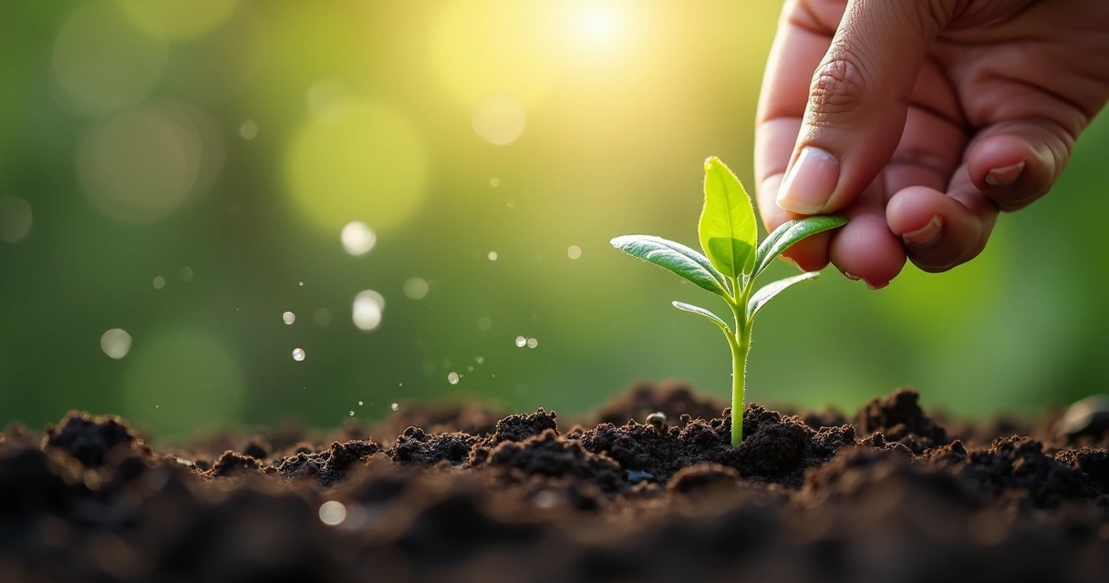 Nova planta crescendo no solo, mão humana regando 