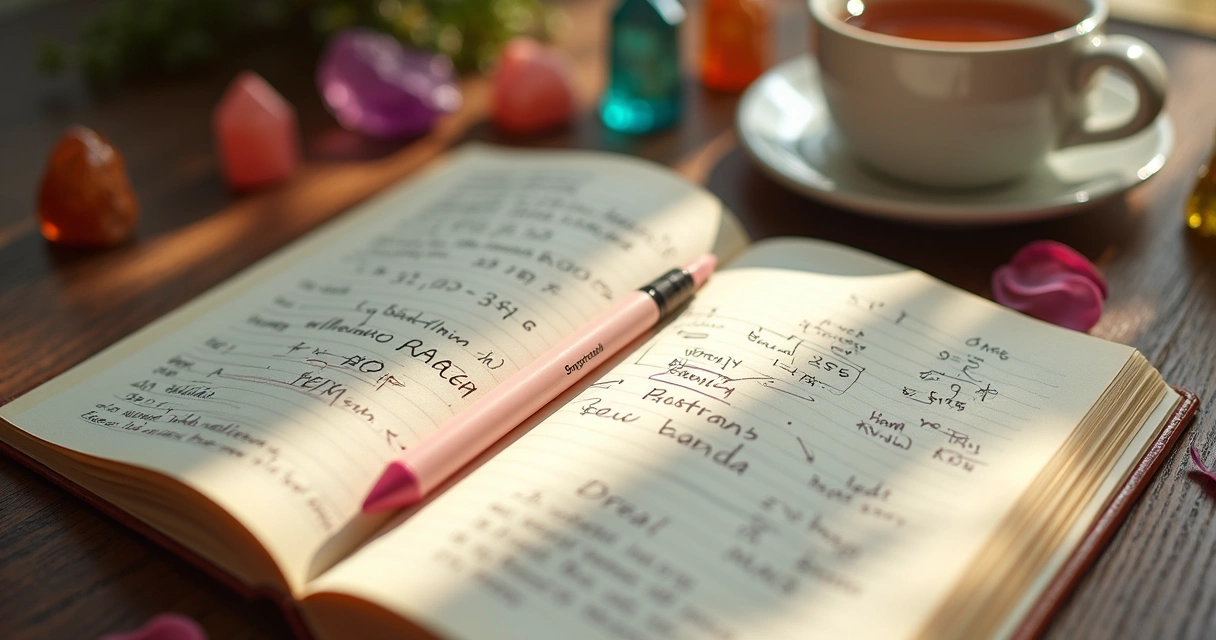 Caderno com cálculos de numerologia e cristais 