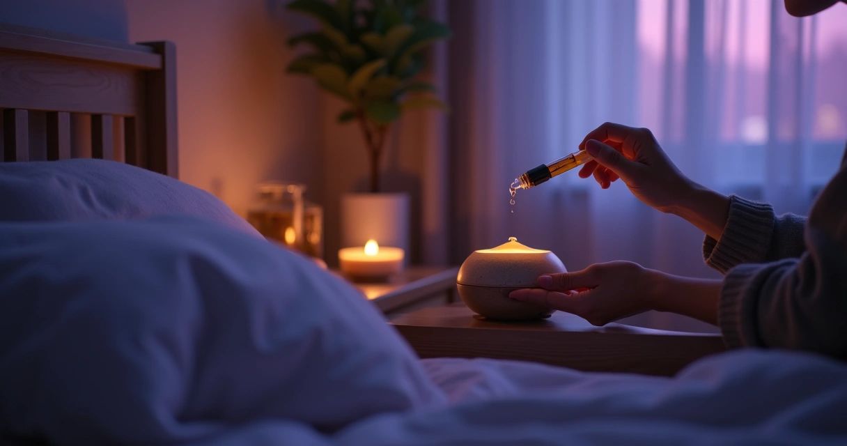 Difusor de aromas com óleos e vela acesa em quarto escuro 