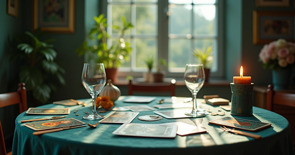 Ambiente caseiro tranquilo com cartas de tarot e búzios sobre uma mesa, criando uma atmosfera de introspecção.