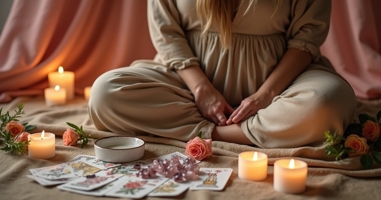 Mulher em ritual com cartas de oráculo, em ambiente iluminado com velas e elementos naturais no chão 