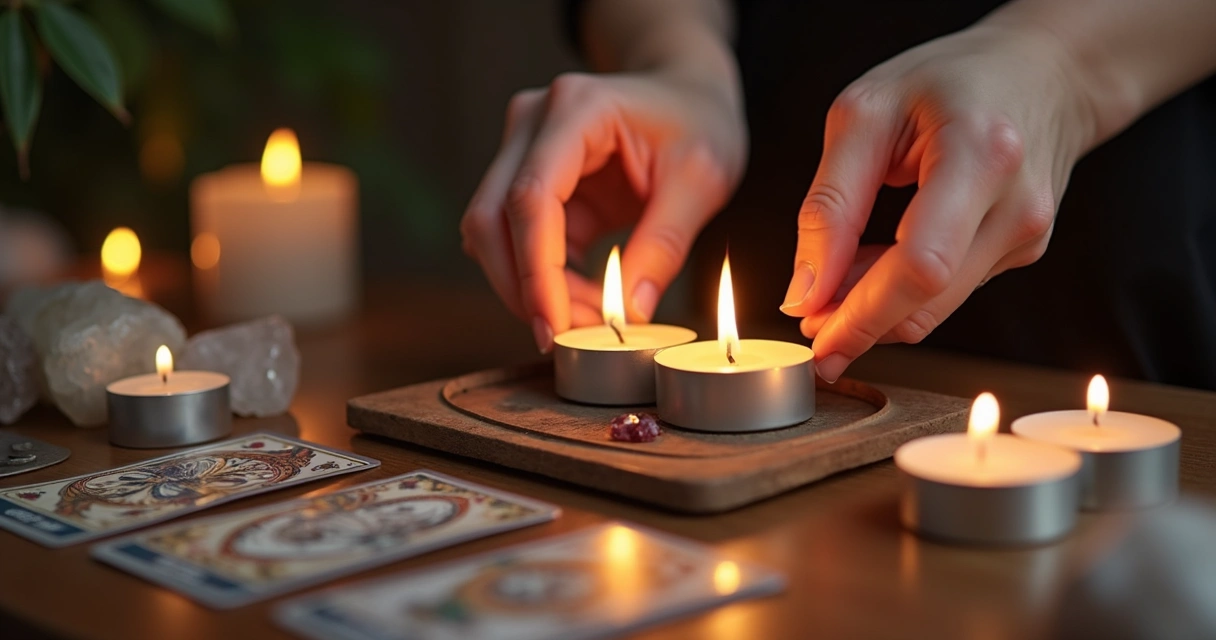 Pessoa faz ritual com velas e cartas para trabalho 