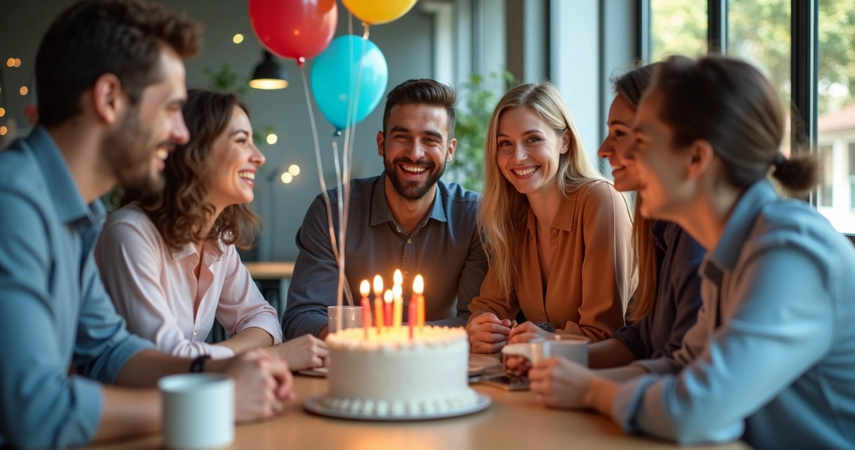 Equipe celebrando aniversário no escritório com bolo e risos 