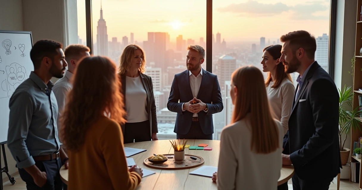 Equipe em círculo realizando ritual organizacional em ambiente corporativo moderno 
