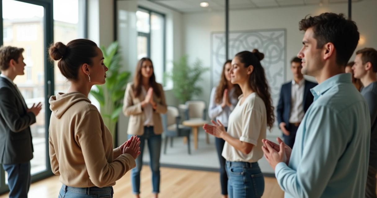 Equipe em círculo realizando ritual organizacional em escritório moderno 