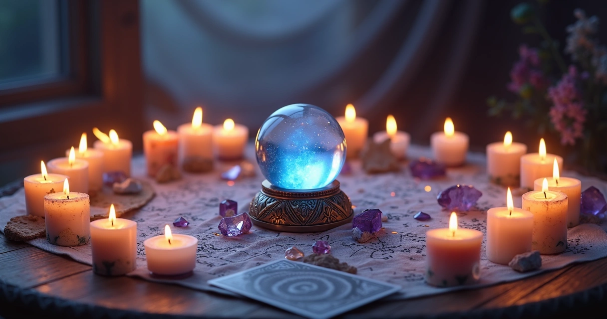 Mesa com objetos para ritual de pacto espiritual, incluindo cristais, velas acesas e bola de cristal com luz suave 