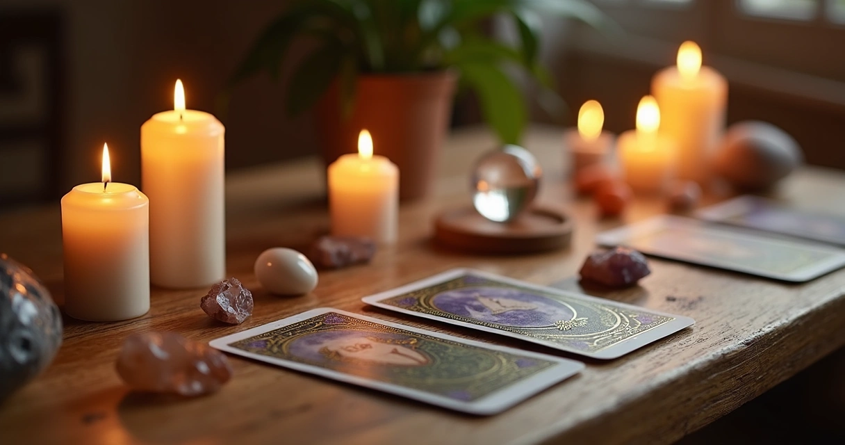 Mesa com objetos de magia branca para pacto espiritual, com velas acesas, cristais, e uma bola de cristal ao centro 