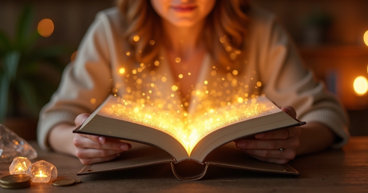 Pessoa com livro aberto, lendo frases de prosperidade sob luz dourada 