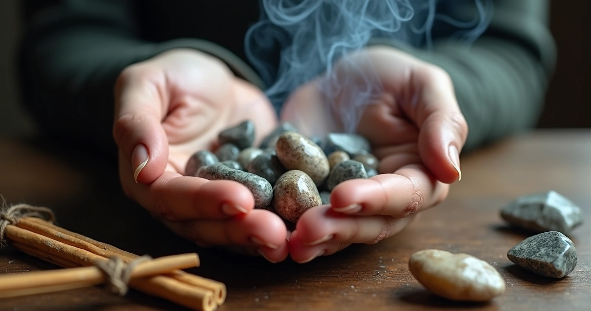 Pessoa limpando pedras com incenso de arruda 