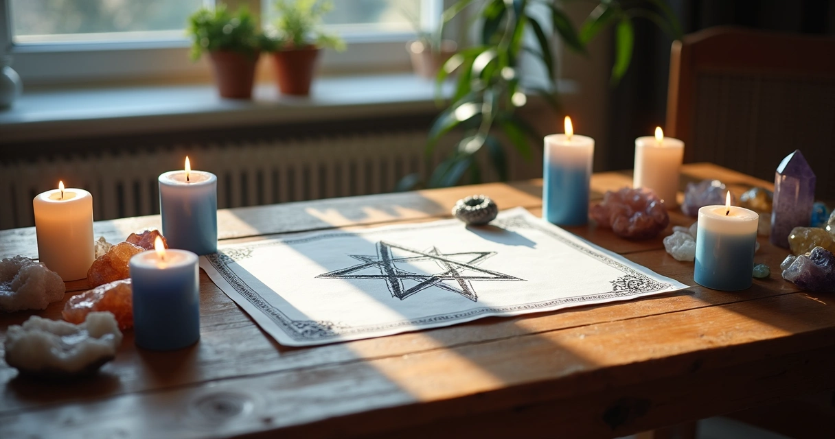 Altar doméstico com pentagrama, velas e cristais 