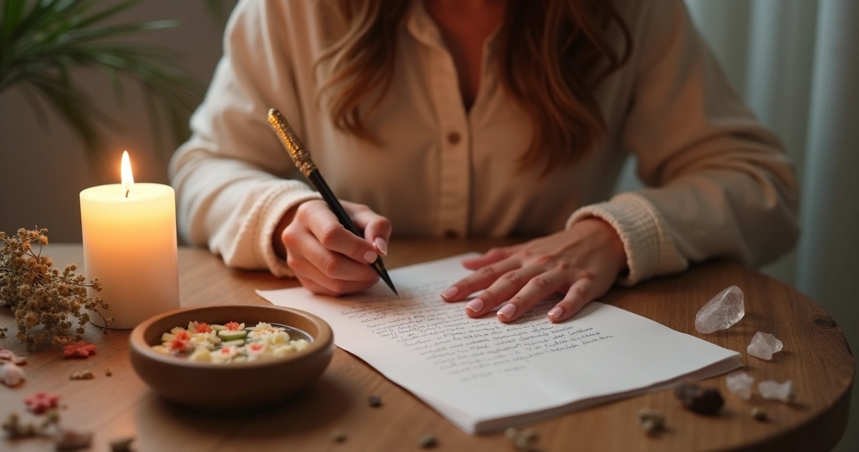 Mesa com vela branca, flores e carta de perdão ao lado 
