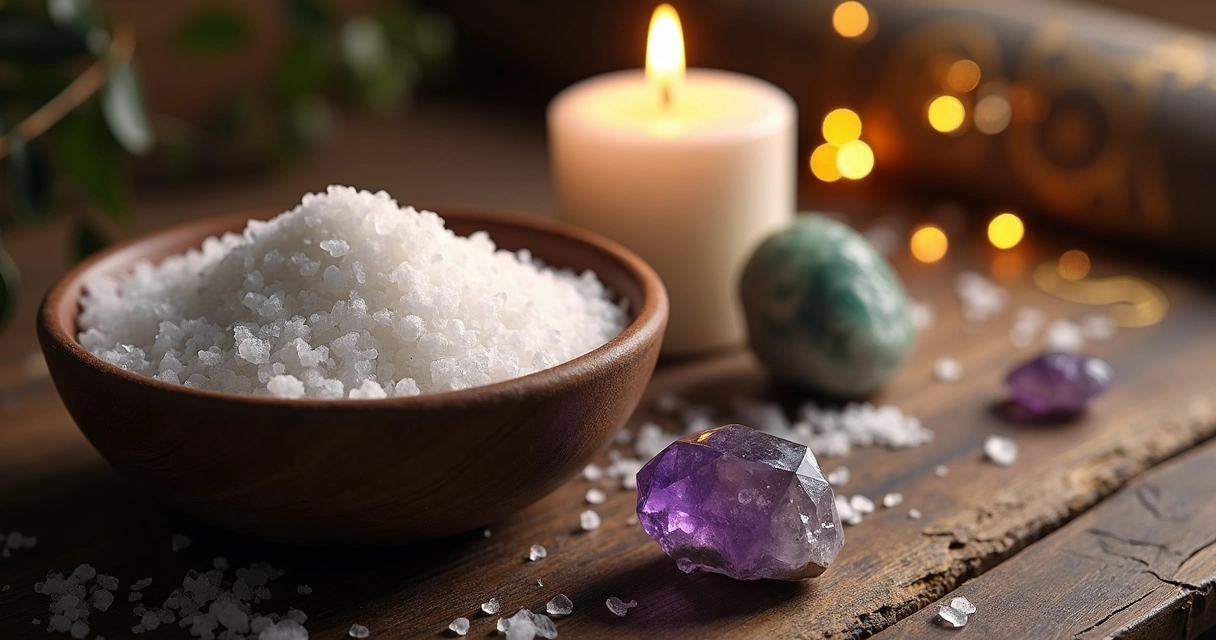 Sal grosso ao lado de vela branca e cristal de fluorita em fundo escuro 