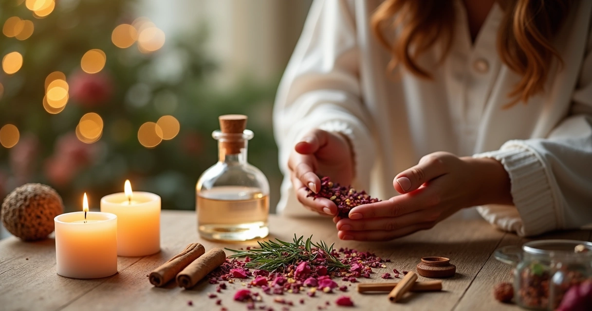 Pessoa preparando perfume energético com ervas ao lado de uma vela e tigela 