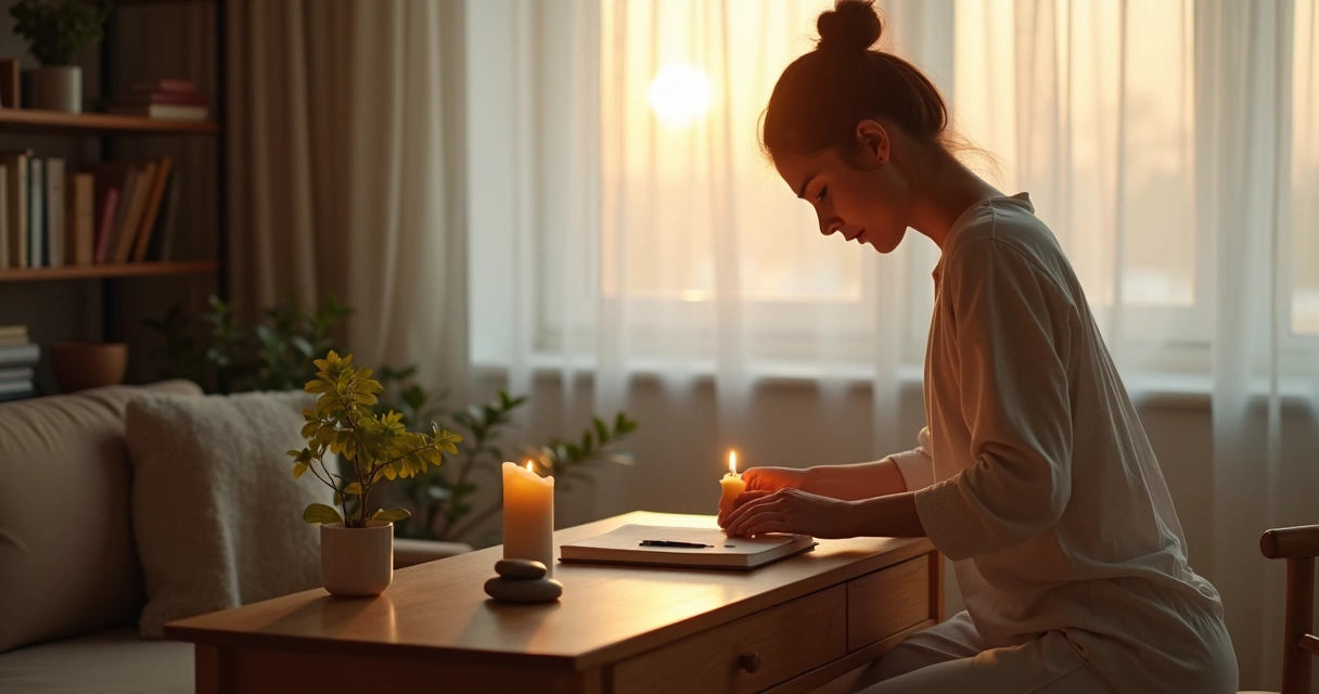 Pessoa em casa acendendo vela em pequeno altar pessoal ao amanhecer 