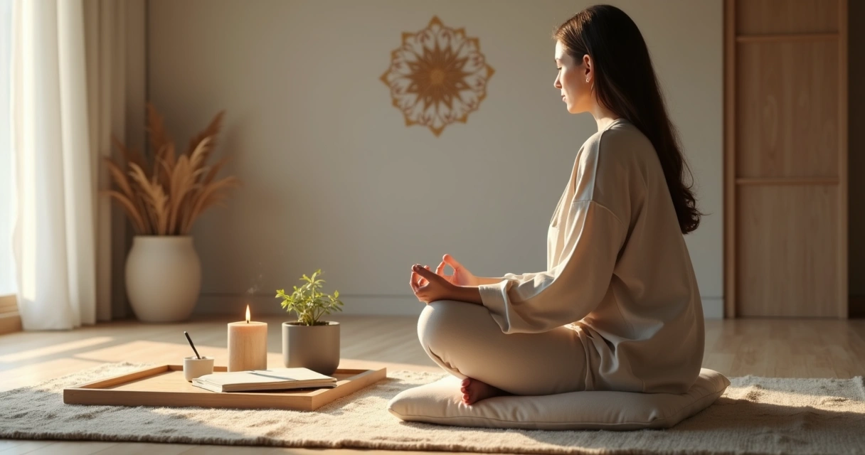 Pessoa meditando em frente a pequeno altar com vela e caderno de reflexões 