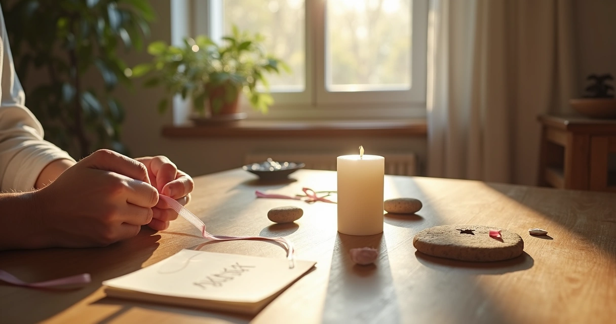 Símbolos diversos como pedras, fitas e velas dispostos sobre uma mesa durante um ritual
