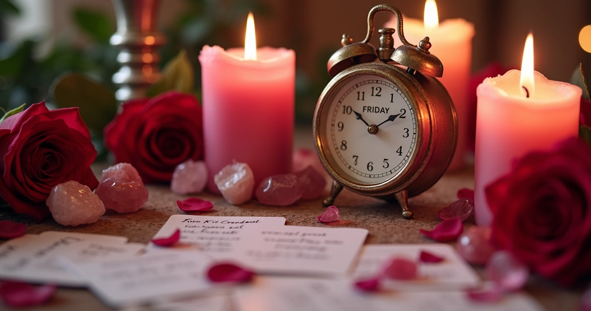 Mesa com velas rosas, rosas vermelhas, cristais e relógio, tudo arrumado para um ritual de amor 