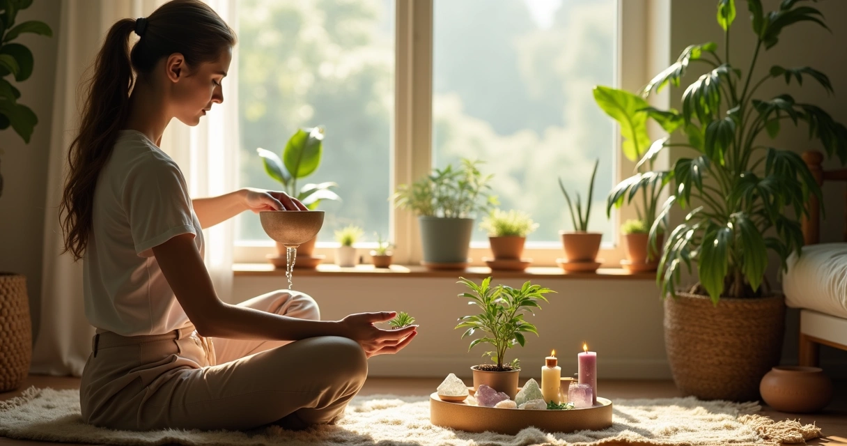 Pessoa fazendo ritual com plantas dentro de casa.