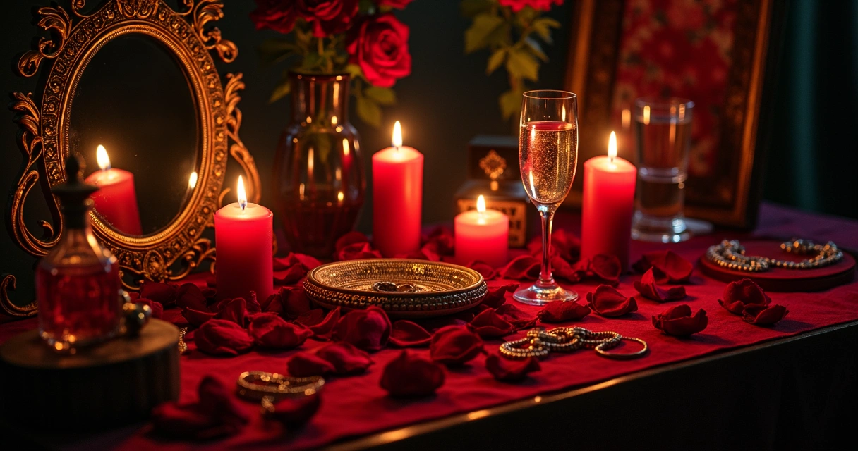 Mesa espiritual com rosas vermelhas, velas acesas e taça de champanhe