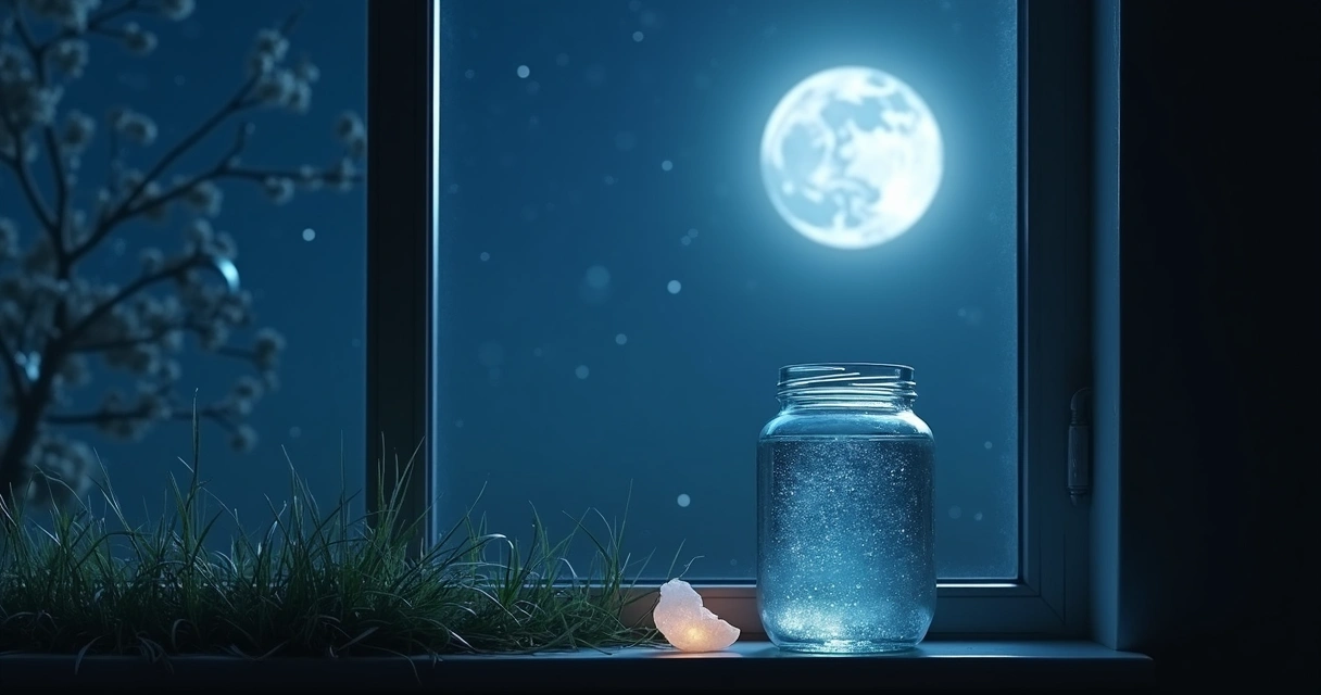 Ritual de preparação de água de lua à noite com cristal ao lado
