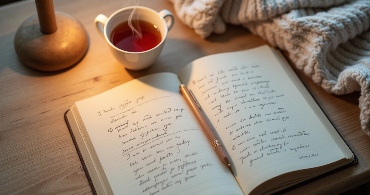 Caderno aberto com chá e luz suave em momento de reflexão