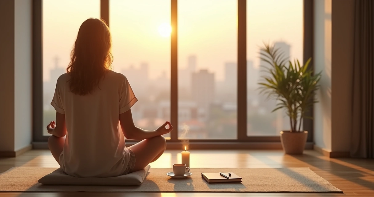 Pessoa sentada em meditação perto da janela ao amanhecer com vela e caderno ao lado 