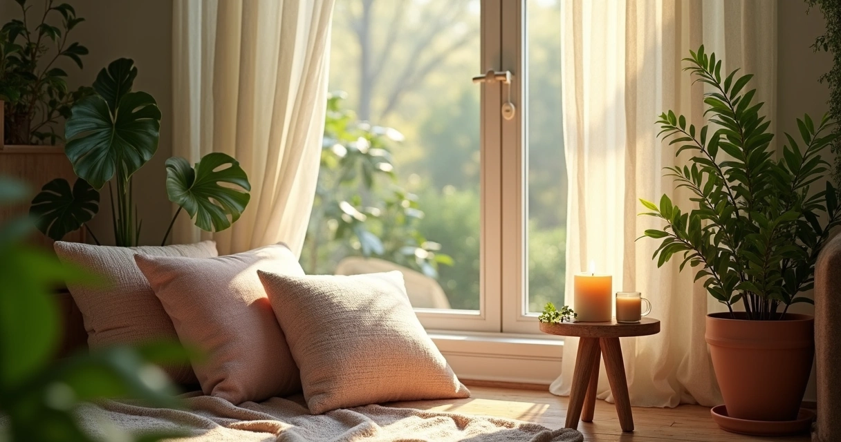 Espaço tranquilo com almofadas, uma vela acesa e plantas junto à janela, iluminação suave 