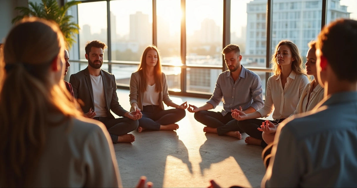 Pessoas em círculo fazendo pausa de respiração antes de começar uma reunião 