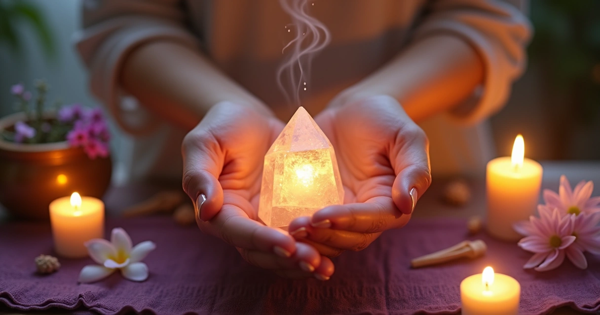 Mãos femininas envolvendo pedra cristalina com vela acesa ao fundo 
