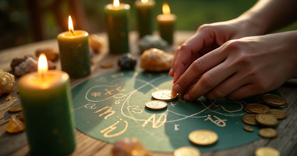 Ritual de prosperidade com velas, cristais e símbolos de signos 