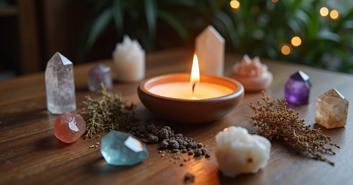 Cristais e velas acesas sobre uma superfície de madeira 