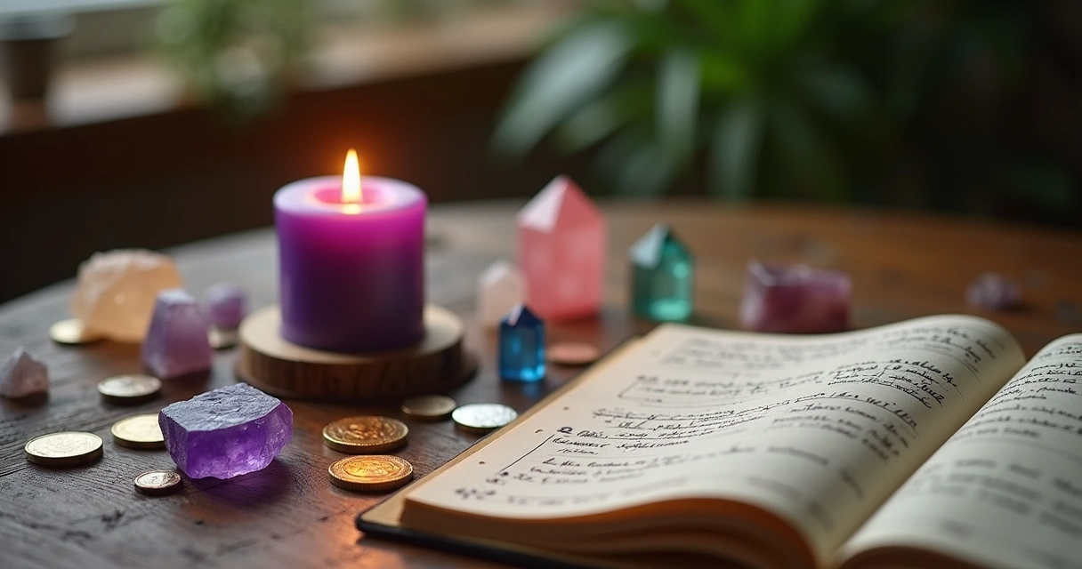 Mesa com cristais, vela acesa, moedas e caderno de anotações místicas 