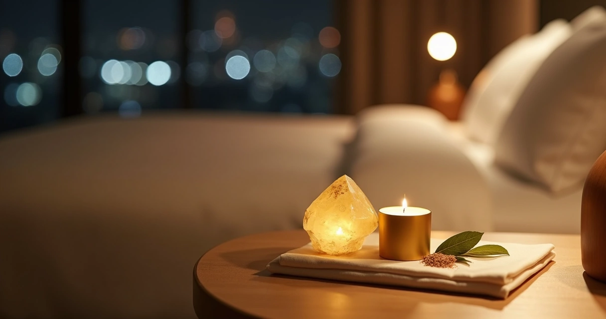 Objetos de ritual de prosperidade arrumados sobre um criado-mudo em quarto de hotel 