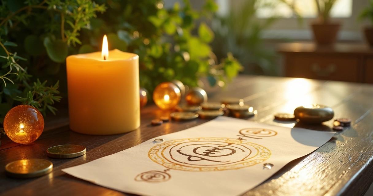 Mesa com vela dourada, citrino, aventurina, símbolos de Reiki e moedas douradas 