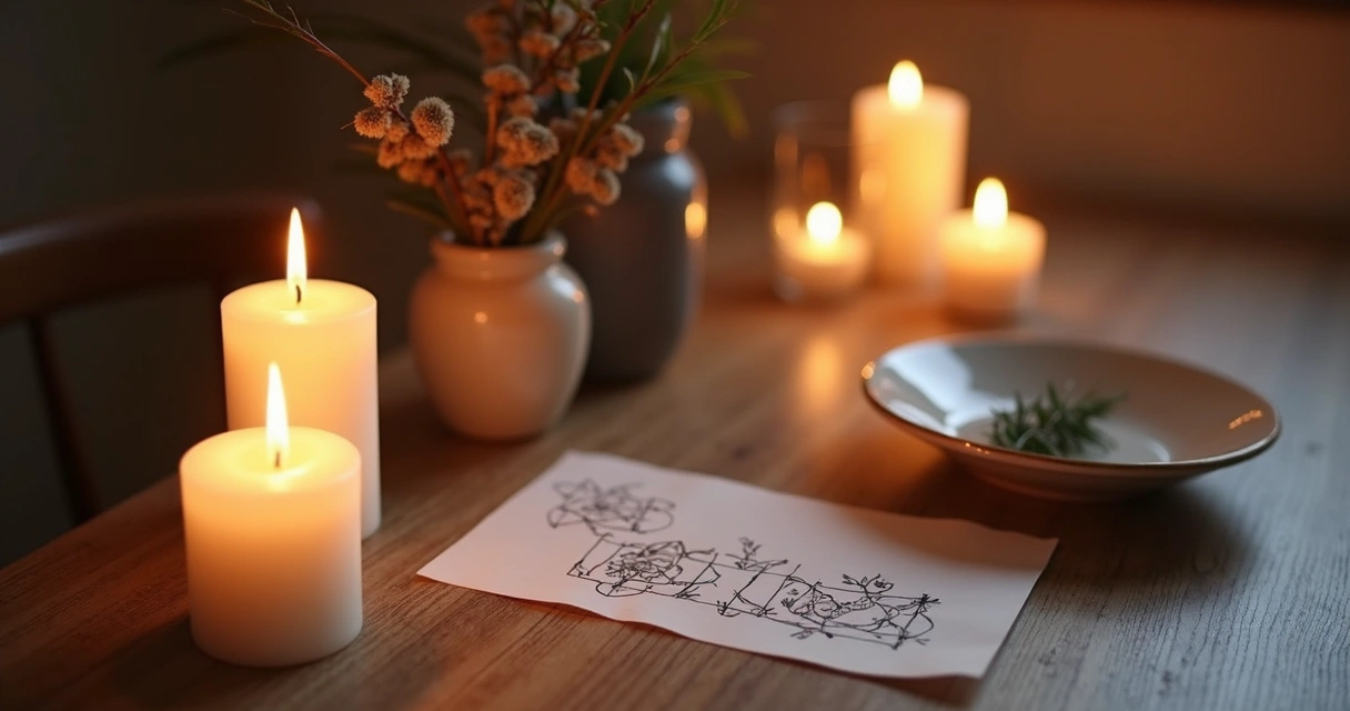 Ritual de proteção com velas acesas, arruda e símbolos desenhados em papel 