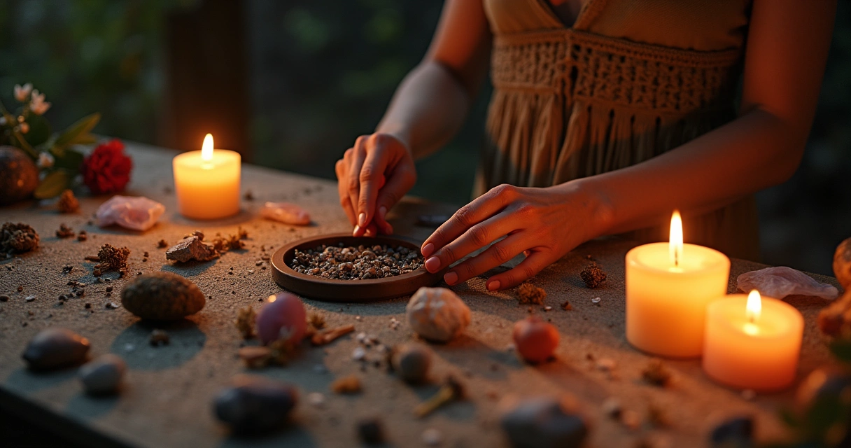 Pessoa realizando ritual de proteção rodeada de objetos místicos e velas acesas 