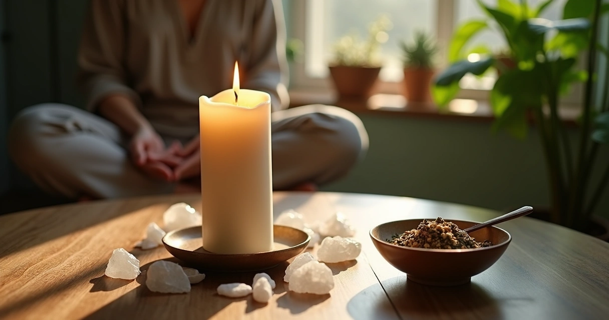 Ritual de proteção energética com vela acesa e cristais em ambiente tranquilo 