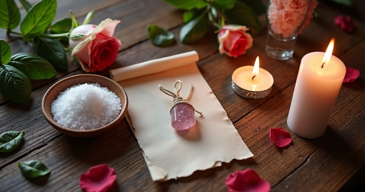 Mesa com sal grosso, vela branca acesa, papel dobrado e pedra quartzo rosa 