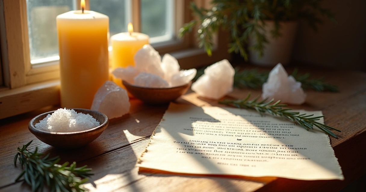 Mesa com materiais para ritual energético no trabalho 
