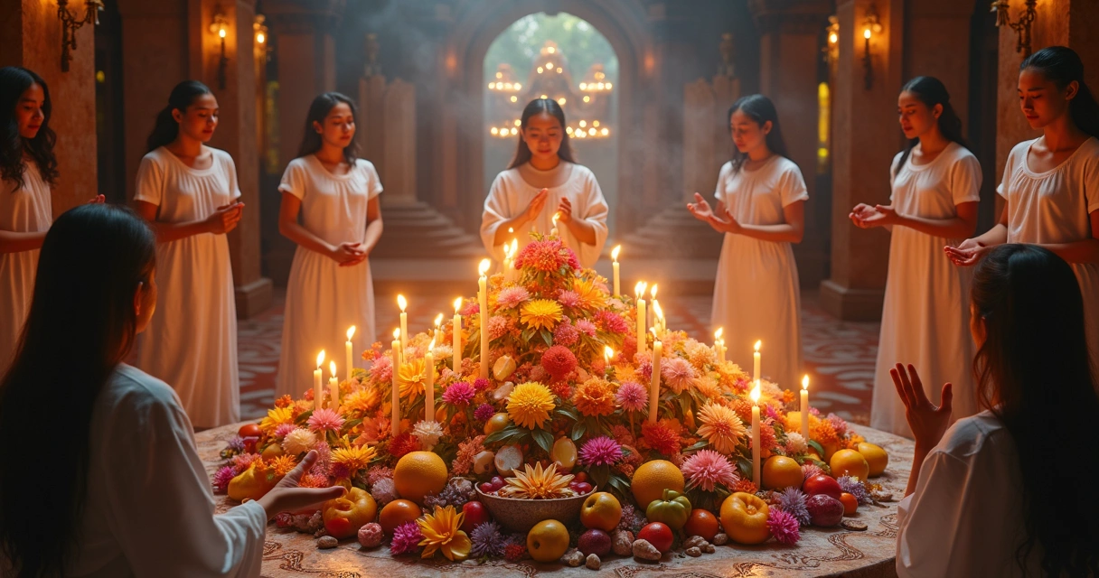 Ritual de proteção espiritual com elementos naturais em altar colorido 