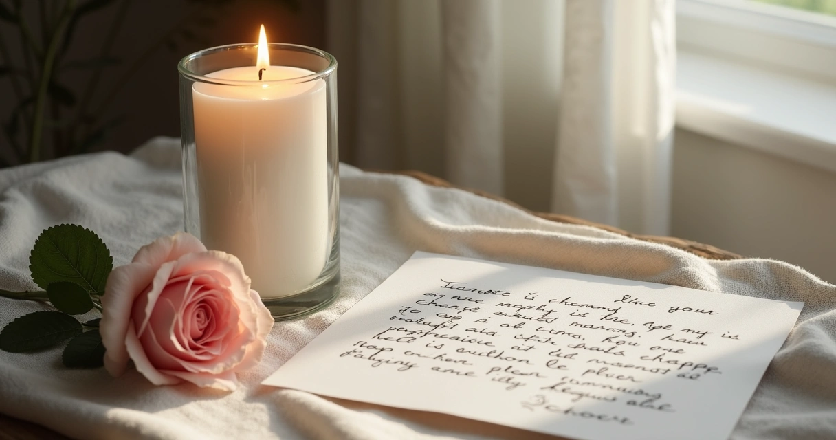 Objetos de altar com vela, rosa clara e carta 